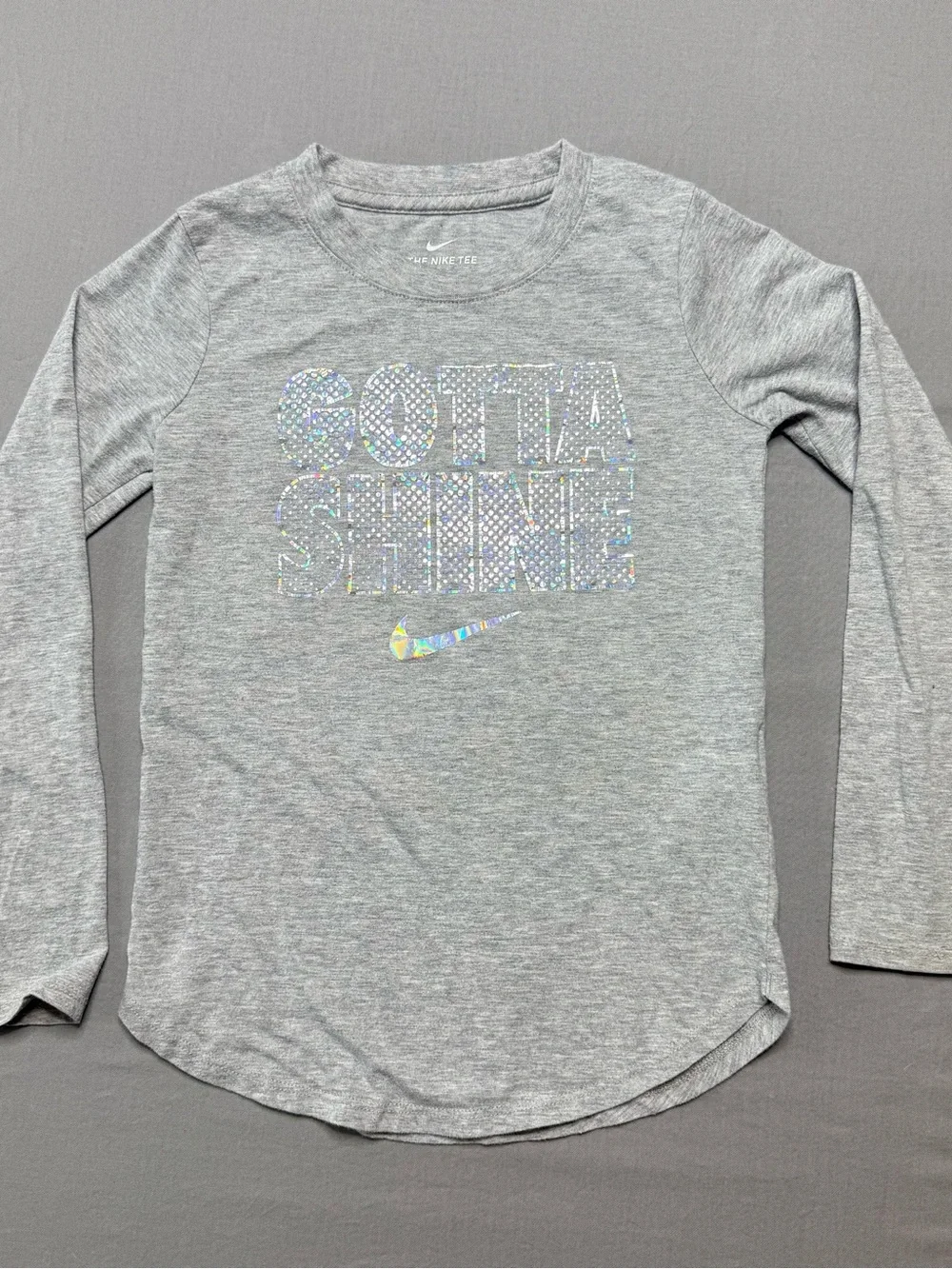 Nike Kids Long Sleeve Tee with Holographic 'Gotta Shine' Graphic - Gray